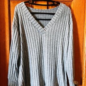 Gray V-Neck Ribbed Women's Sweater